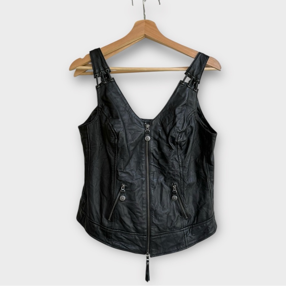 Harley Davidson Sheepskin Corset Top Braided Leather Back Grunge Bikercore Y2K